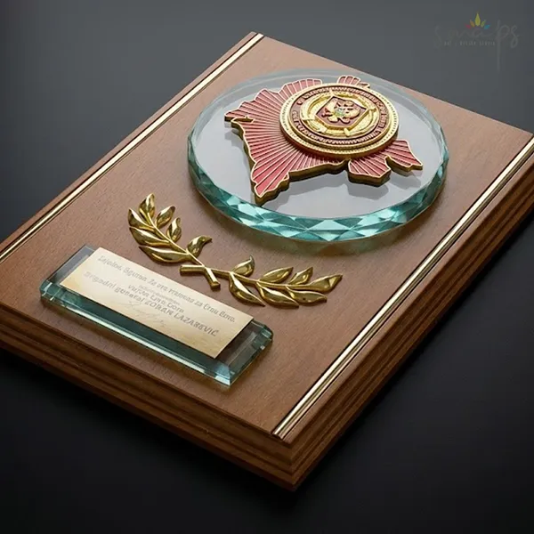 Ekskluzivna drvena plaketa sa metalnim i staklenim elementima za Vojsku Crne Gore