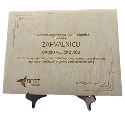 Zahvalnica za studentsku organizaciju BEST